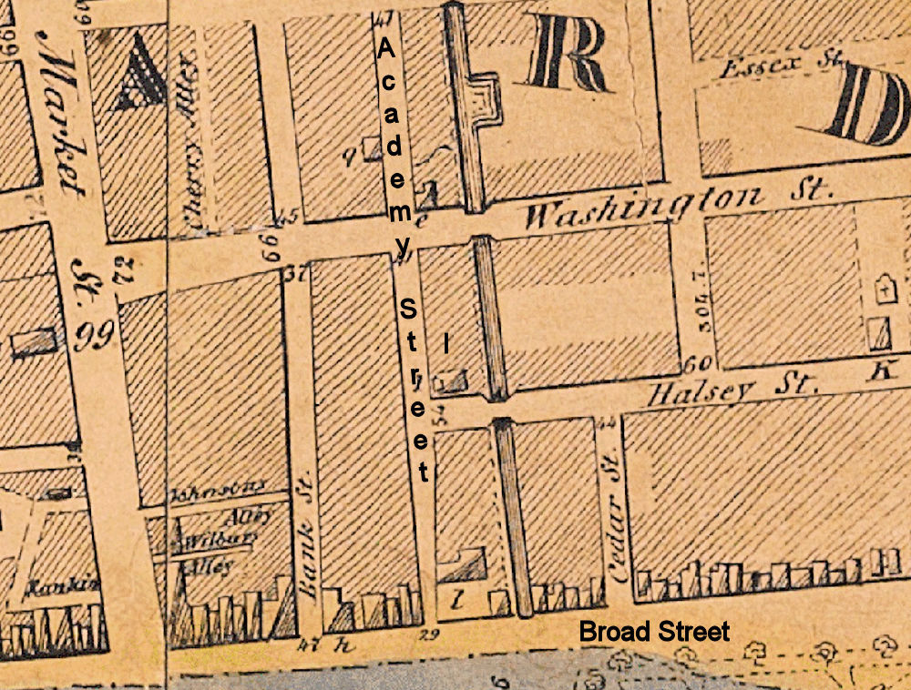 1847 Map
25 Academy Street, corner Halsey Street
"I" on the map
