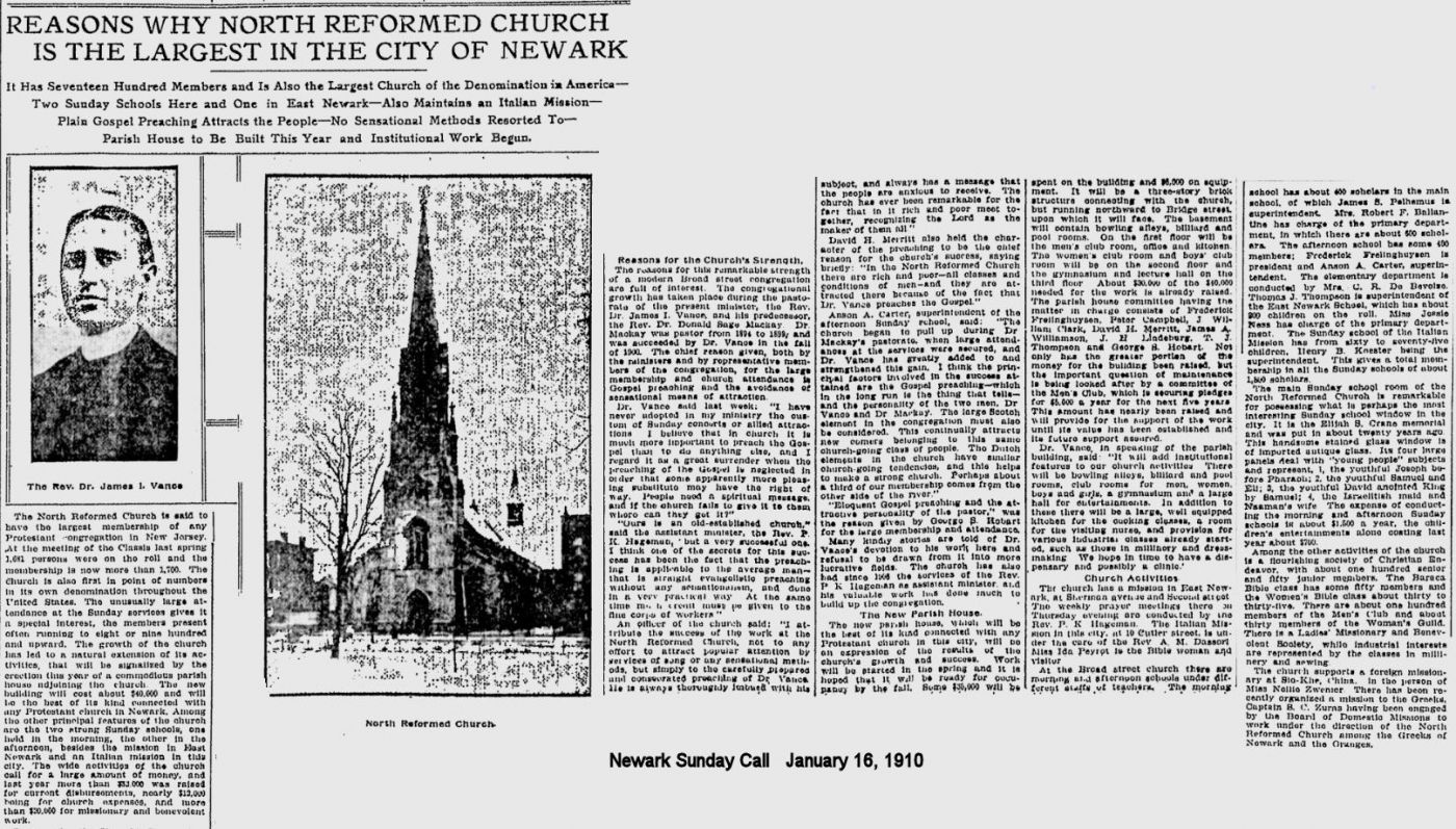 Reasons Why North Reformed Church is the Largest in the City of Newark
January 16, 1910
