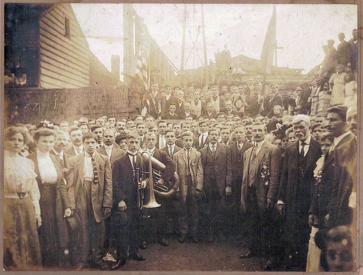 The blessing of the cornerstone, Alexander Bachinski is 4th from the right (white hair). He was the father-in-law of both Rev. John Bodrug and Rev. Walter Pendykowski (Pendy).  The latter is standing near the back beside Rev. Kusiw who is next to the man holding the bible.

Photo from Sylvia Glassford
