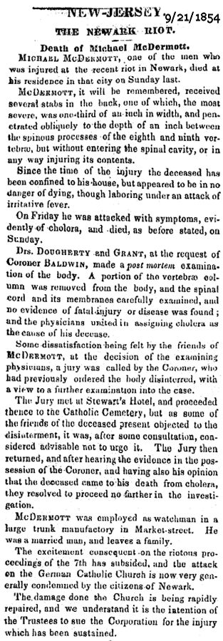 The Newark Riot - Death of Michael McDermott
September 21, 1854
