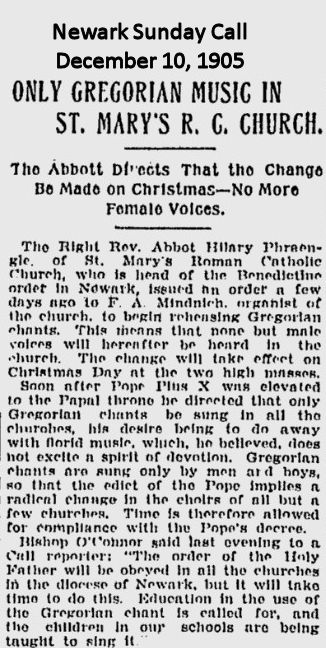 Only Gregorian Music in St. Mary's R. C. Church
December 10, 1905
