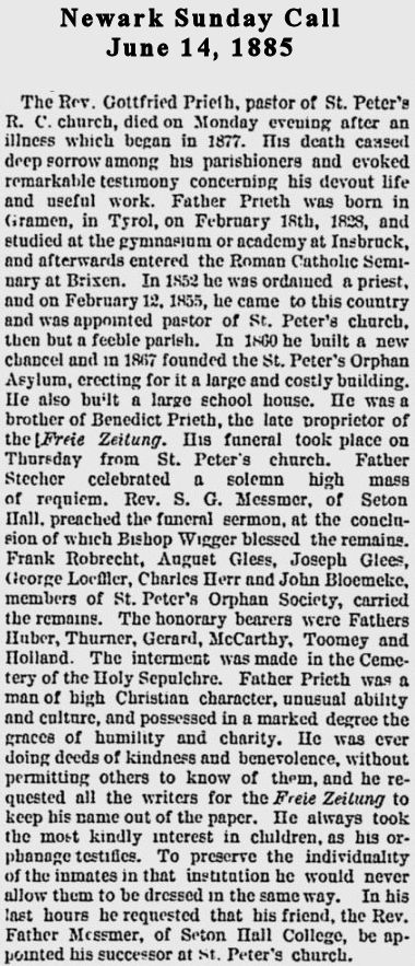 The Rev. Gottfried Prieth Passes
June 14, 1885
Newark Sunday Call
