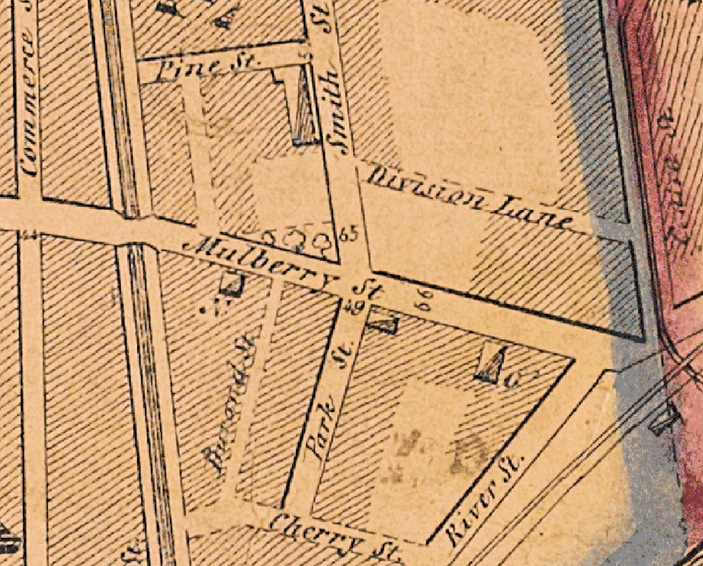 1847 Map
10 - 26 Mulberry Street
"O" on the map
