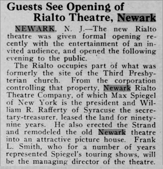 Opening of the Rialto Theatre 
Former location of the Third Presbyterian Church
