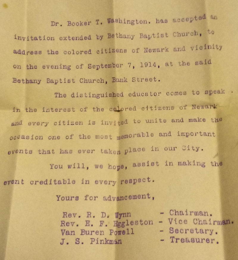 Letter to Congregation about Dr. Booker T. Washington
September 7th 1914
Photo from Tonya Hickerson
