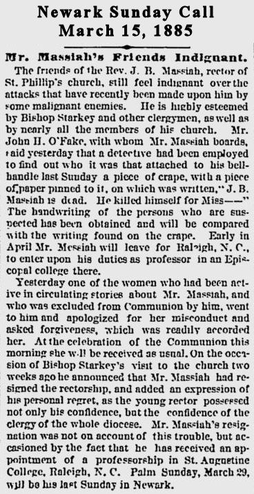 Mr. Massiah's Friends Indignant
March 15, 1885
Newark Sunday Call
